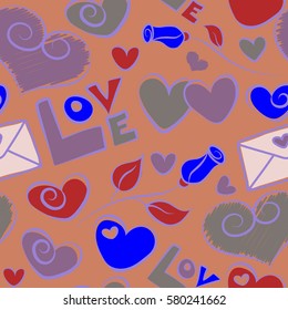 Hand drawn seamless pattern. Vector elements: heart, rose flower, love text and letter in red, violet and purple colors. Handwritten inscriptions. Valentines day seamless doodles pattern.