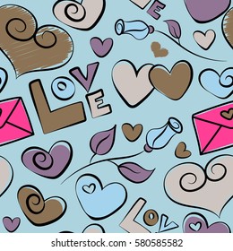 Hand drawn seamless pattern. Vector elements: heart, rose flower, love text and letter in pink and blue colors. Handwritten inscriptions. Valentines day seamless doodles pattern.