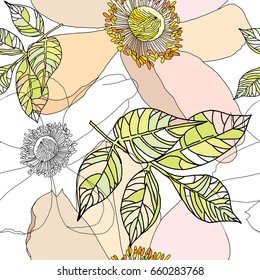 Hand drawn seamless pattern vector  of leaves and anemone flowers on the transparent background