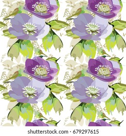 Hand drawn seamless pattern vector of violet and blue Hellebore plant flowers on the transparent background