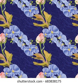 Hand drawn seamless pattern vector of blue flowers and rose bud on the dark blue background