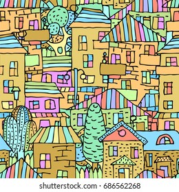 Hand drawn seamless pattern. Vector background. City landscape.
