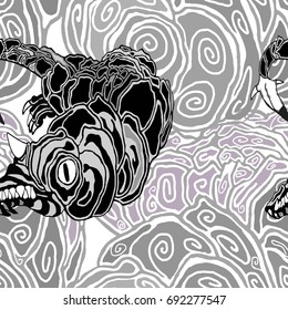 Hand drawn seamless pattern vector of dragon and clouds on the transparent background