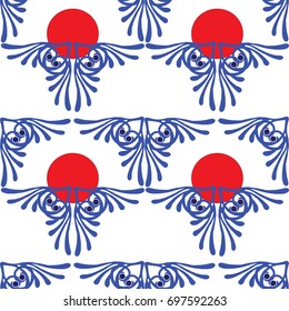 Hand drawn seamless pattern vector of blue ornament and red sun on the transparent background