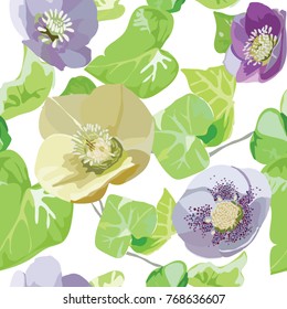 Hand drawn seamless pattern  vector illustration of ivy  plant and helleborus flowers 