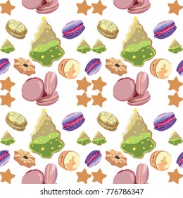 Hand drawn seamless pattern vector illustration of  christmas celebration cookies ,macroones,christmas tree ginger bread,stars and tee cookies.
