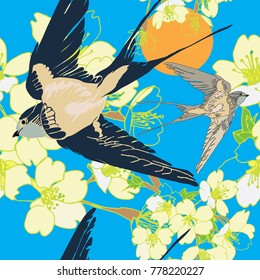 Hand drawn seamless pattern vector illustration of cherry blossom and the sun on the blue background