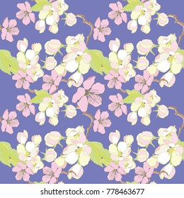 Hand drawn seamless pattern vector illustration  of cherry and peach  blossom  on the blue bckground