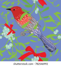 Hand drawn seamless pattern vector illustration of red bird and misletoe plant with red ribon