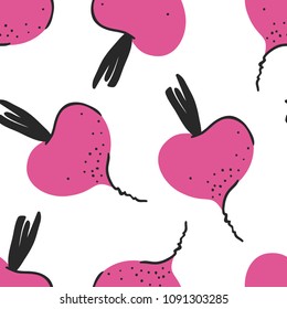 Hand drawn seamless pattern with vegetable. Vector artistic drawing food. Summer illustration beetroot