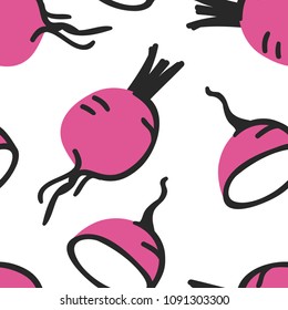 Hand drawn seamless pattern with vegetable. Vector artistic drawing food. Summer illustration radish
