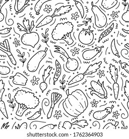 Hand drawn seamless pattern of vegetable elements, carrot, salad, tomato, onion, lettuce, chili, cucumber. Doodle sketch style. Vegetables element of vector illustration for menu, fabric, textile.