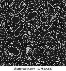 Hand drawn seamless pattern of vegetable elements, carrot, salad, tomato, onion, lettuce, chili, cucumber. Doodle sketch style. Vegetables element of vector illustration for menu, fabric, textile.