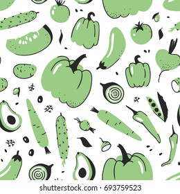 Hand drawn seamless pattern with vegetable. Vector artistic drawing food. Summer illustration red onion, pumpkin, potato, pepper, green peas, beetroot, eggplant, tomato, cucumber, avocado, carrot