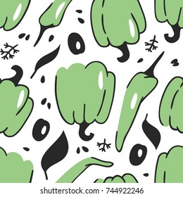 Hand drawn seamless pattern with vegetable. Vector artistic drawing food. Summer illustration with pepper