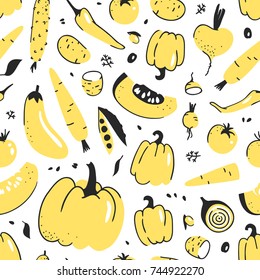 Hand drawn seamless pattern with vegetable. Vector artistic drawing food. Summer illustration red onion, pumpkin, potato, pepper, green peas, beetroot, eggplant, tomato, cucumber, avocado, carrot