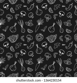 Hand drawn seamless pattern with vegetables on black background