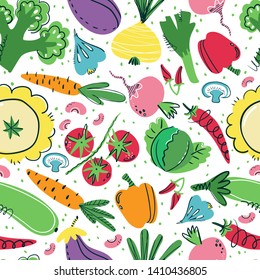 Hand drawn seamless pattern with vegetables. Healthy nutrition background, diet or lifestyle backdrop. Organic food restaurant or support farmers market concept for kitchen textile, banners, flyers.