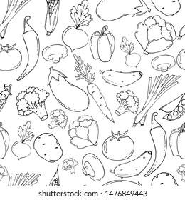 Hand drawn seamless pattern with vegetables. Big vegetable collection.