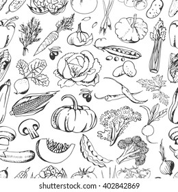 Hand drawn seamless pattern with vegetables. Big collection of healthy food isolated on white background. Vector sketch illustration, doodle set. 