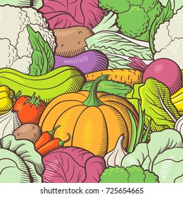 Hand drawn seamless pattern with vegetables. Pumpkin, cabbage, pepper, potato, tomato, carrot, cucumber, broccoli, garlic, beets, onion, lettuce, zucchini and eggplant. Stylized vector illustration