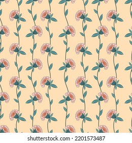 Hand drawn seamless pattern with of vertical lines of peonies buds and leaves on yellow background. Vector design for paper, cover, fabric, interior decor and other use.