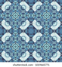 Hand drawn seamless pattern. Vintage decorative elements. Abstract colorful mosaic style. Indian, Arabic, Turkish motifs. Vector patchwork quilt pattern in gray, violet and blue colors.
