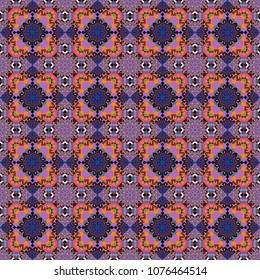 Hand drawn seamless pattern. Vintage decorative elements. Vector patchwork quilt pattern in purple, blue and magenta colors. Abstract colorful mosaic style. Indian, Arabic, Turkish motifs.