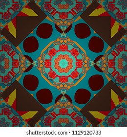 Hand drawn seamless pattern. Vintage decorative elements. Indian, Arabic, Turkish motifs. Vector patchwork quilt pattern in brown, orange and blue colors. Abstract colorful mosaic style.