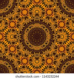 Hand drawn seamless pattern. Vintage decorative elements. Indian, Arabic, Turkish motifs. Vector patchwork quilt pattern in yellow, orange and brown colors. Abstract colorful mosaic style.