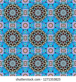 Hand drawn seamless pattern. Vintage decorative elements. Indian, Arabic, Turkish motifs. Vector patchwork quilt pattern in neutral, brown and blue colors. Abstract colorful mosaic style.