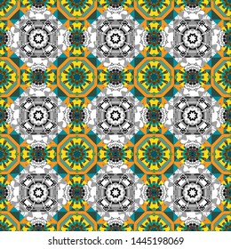 Hand drawn seamless pattern. Vintage decorative elements. Indian, Arabic, Turkish motifs. Vector patchwork quilt pattern in blue, yellow and gray colors. Abstract colorful mosaic style.