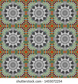 Hand drawn seamless pattern. Vintage decorative elements. Vector patchwork quilt pattern in blue, beige and gray colors. Abstract colorful mosaic style. Indian, Arabic, Turkish motifs.