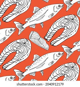 Hand drawn seamless pattern with vintage salmon fish, steak, slices isolated on orange background. For menu, packages. Vector illustration.