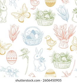 Hand drawn seamless pattern. vintage easter elements. Spring collection sketch illustrations. Rabbit, eggs, flowers, butterfly, bird