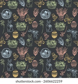 Hand drawn seamless pattern. vintage easter elements. Spring collection sketch illustrations. Rabbit, eggs, flowers, butterfly, bird. grey background