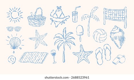 Hand drawn seamless pattern with vintage summer beach icons set for vacation vector illustration design