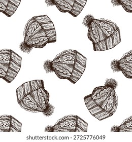 Padrão sem costura desenhado à mão de chapéus de inverno de malha vintage com pom pom em marrom monocromático. Ideal para têxteis sazonais, papel de embrulho, etiquetas de presente e projetos de design de inverno acolhedor.