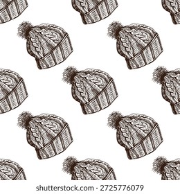 Dibujado a mano sin patrón de sombreros de invierno de punto vintage con pom pom en marrón monocromo. Ideal para textiles de temporada, papel de regalo, etiquetas de regalo y acogedores proyectos de diseño de invierno.