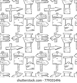 Hand drawn seamless pattern with vintage wooden signpost.Vector sketch background. Pointer with place for text in doodle style. Doodle collection of icons for card design.