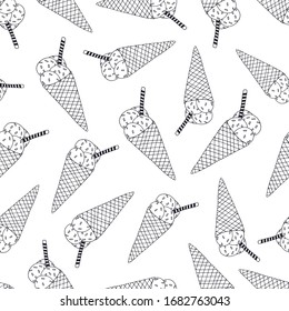 Hand drawn seamless pattern of waffle cone, balls of ice cream, powder, chocolate roll on white background. Sweet Illustration for design card, invitation, wallpaper, wrapping paper, fabric, textile