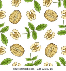 Hand drawn seamless pattern with walnut. Vector background with nuts and green leaves
