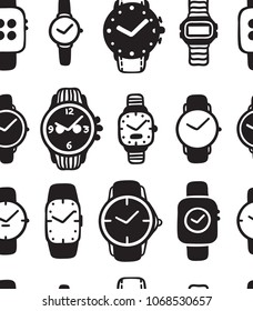 Hand drawn seamless pattern with watches. Doodle vector clocks. Artistic drawing objects. Creative ink art work