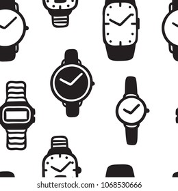 Hand drawn seamless pattern with watches. Doodle vector clocks. Artistic drawing objects. Creative ink art work
