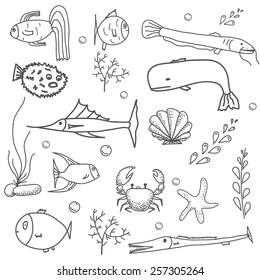  Hand drawn seamless pattern with water creatures. Underwater life texture. Vector illustration. 