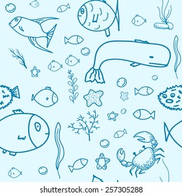  Hand drawn seamless pattern with water creatures. Underwater life texture. Vector illustration. 