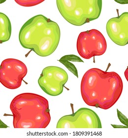 Hand drawn seamless pattern with watercolor green, red apples. Apples and leaves on transparent background. Vector illustration for kitchen design, food packaging, fabric.