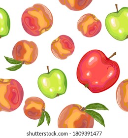 Handgezeichnet nahtloses Muster mit Aquarellgrün, rotem Apfel, Pfirsich, grünen Blättern. Früchte und Blätter auf transparentem Hintergrund. Vektorgrafik für Küchendesign, Lebensmittelverpackung, Stoff.