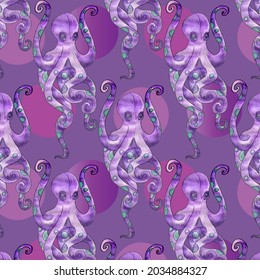 Hand drawn seamless pattern with watercolor violet octopus. Colorful cartoon underwater animals. Vector illustration.