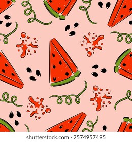 Hand drawn seamless pattern watermelon slices on a playful pink summer background vector illustration